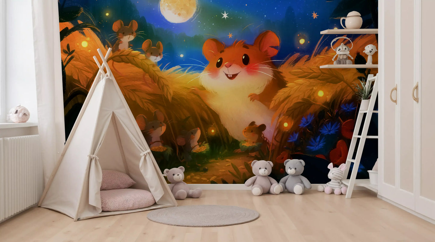 Moonlit Hamster Harvest Scene Wall Mural