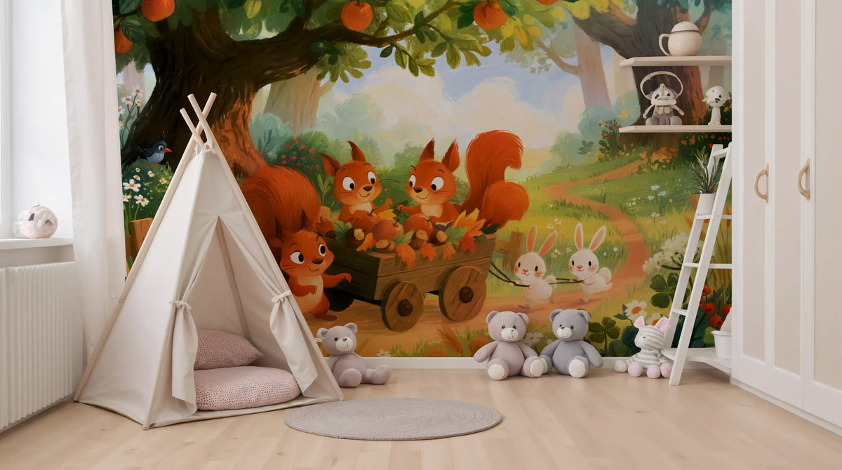 Woodland wallpaper squirrel mural behind a white teepee and soft toys play corner GD12985