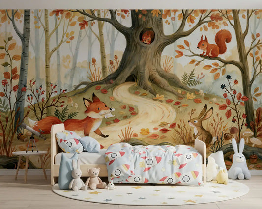 Fox and squirrel mural in a nursery with blue bedding and a teddy GD12992