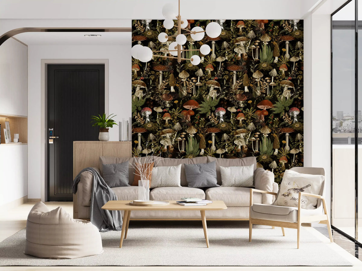 Mushroom wallpaper on a living room wall behind a grey sofa and beanbag GD12993