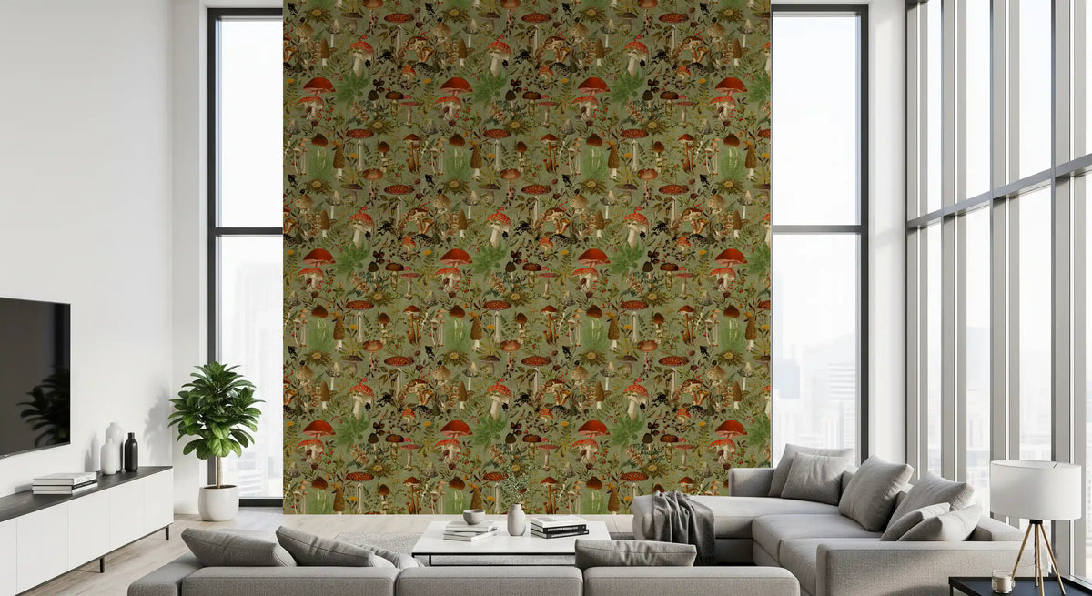 Botanical wallpaper on a living room wall behind a grey sofa and TV GD12994