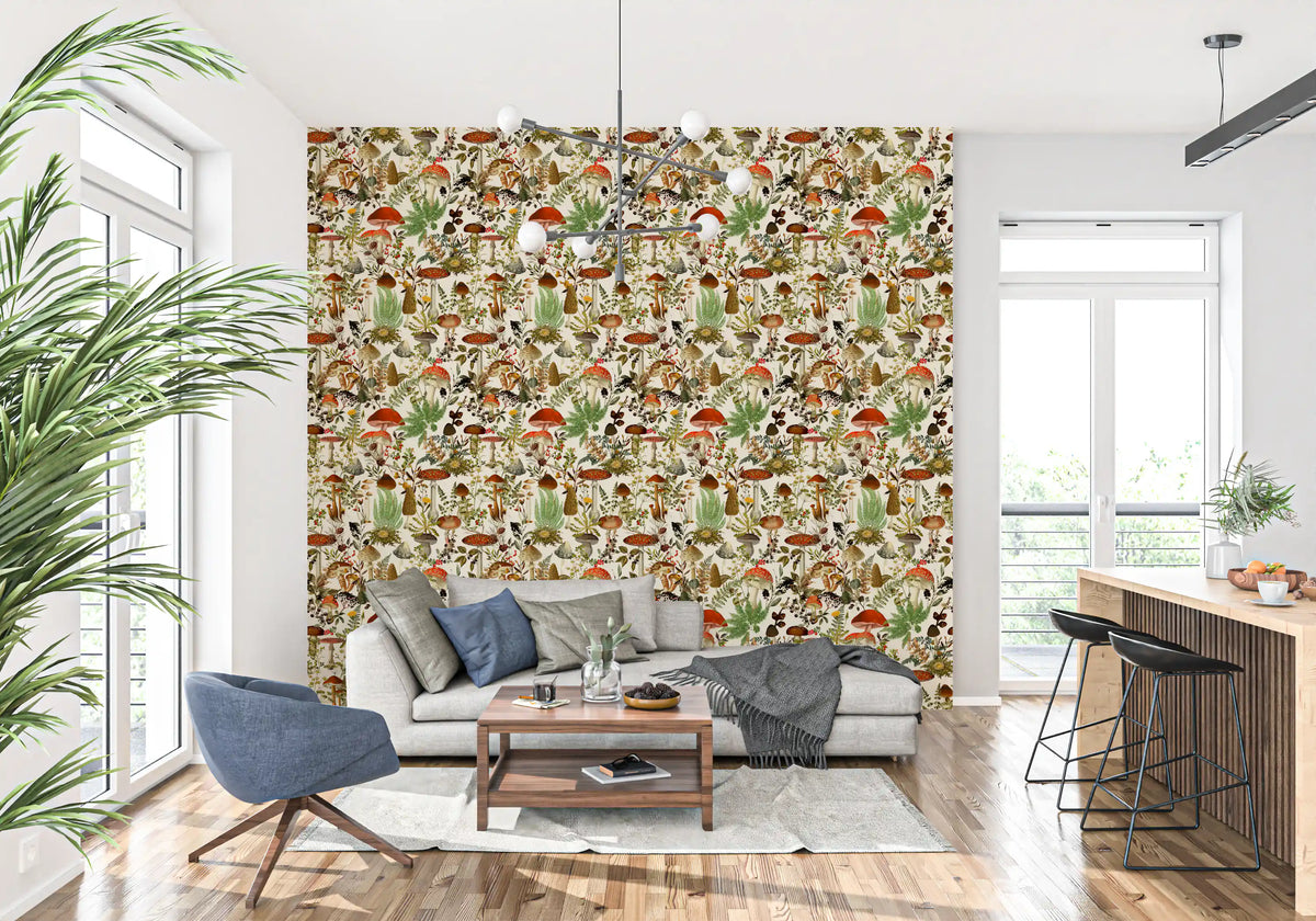 Cream mushroom wallpaper on a bright living room wall behind a blue accent chair (GD12996)