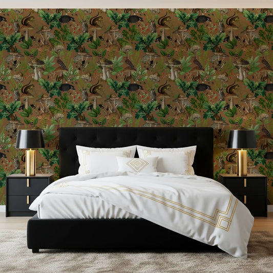 Brown forest wallpaper feature wall in a bedroom with a black bed and white linen (GD13001)