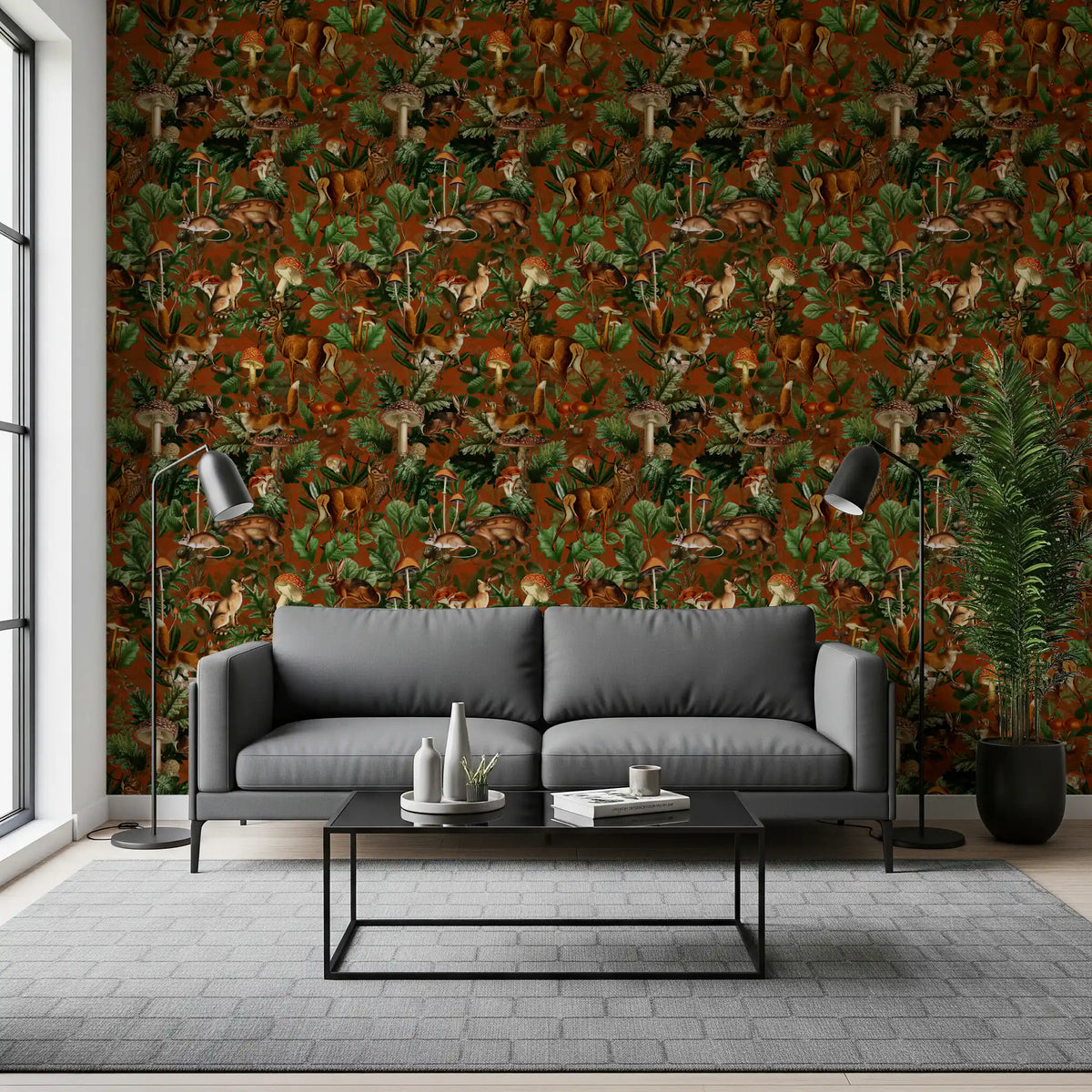 Rustic forest wallpaper behind a grey sofa with floor lamps GD13003