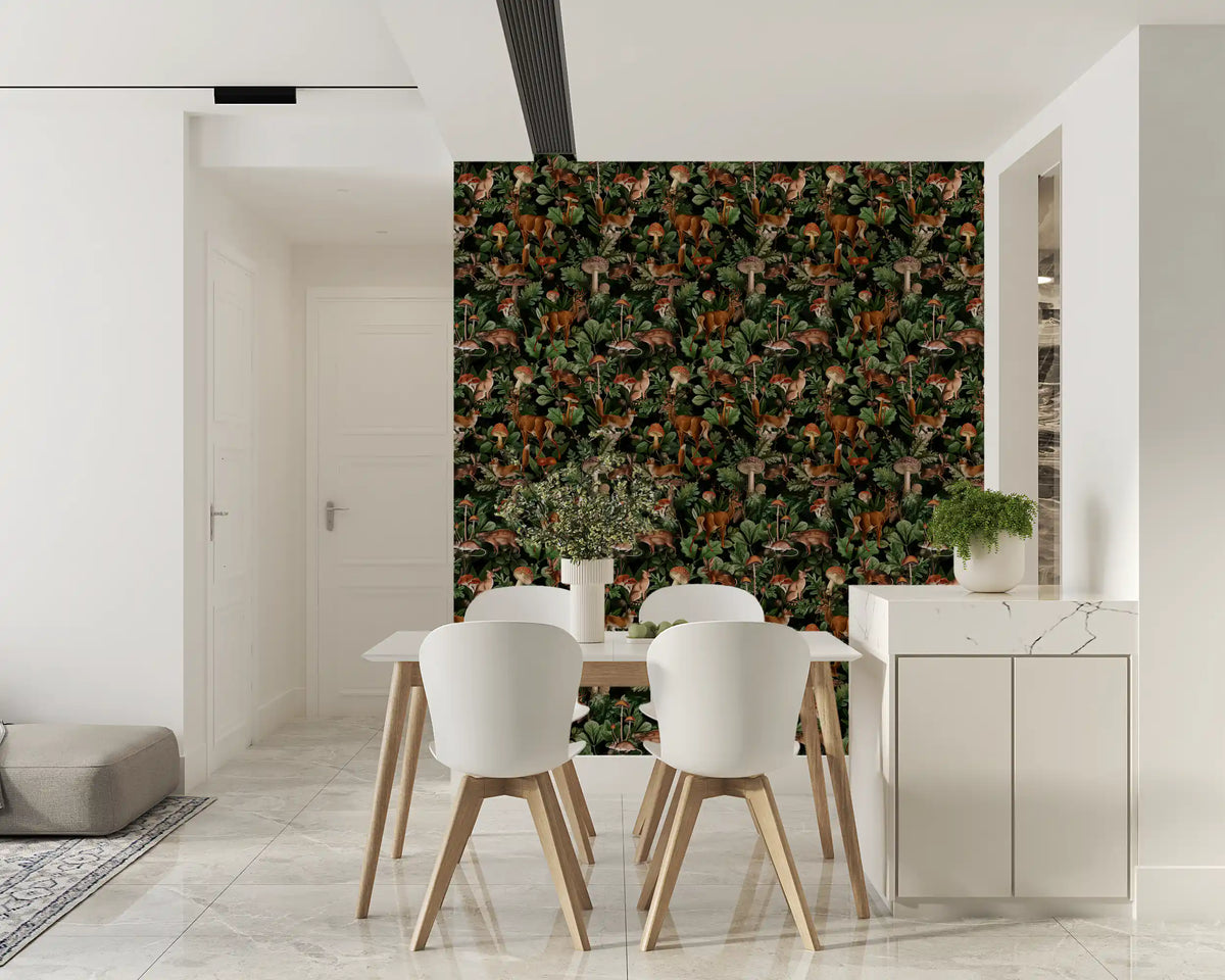 Moody animal wallpaper in a dining room by a white kitchen GD13005