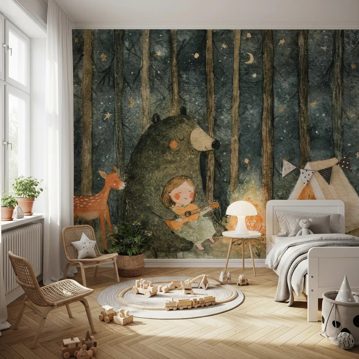 Midnight Forest Campfire Friends Wall Mural
