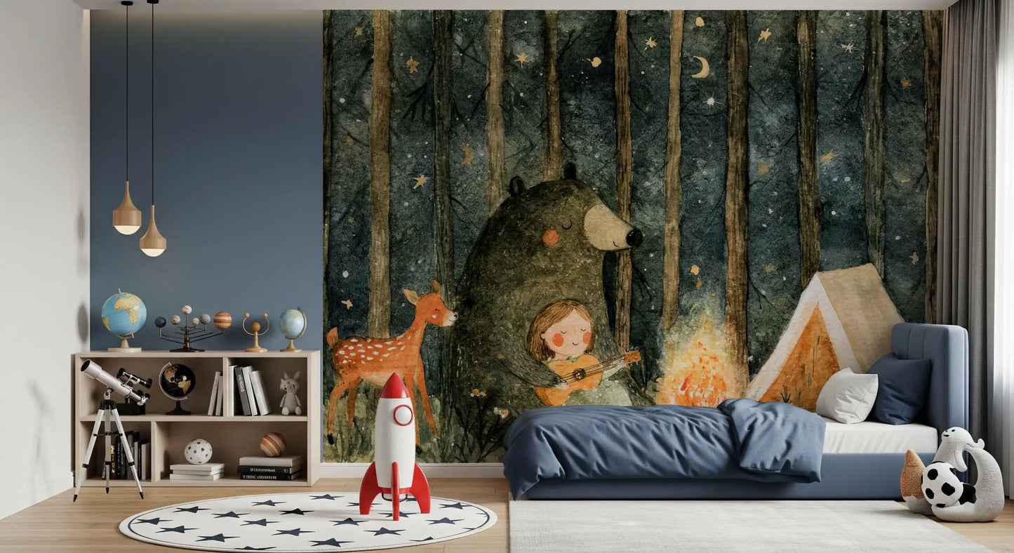 Midnight Forest Campfire Friends Wall Mural