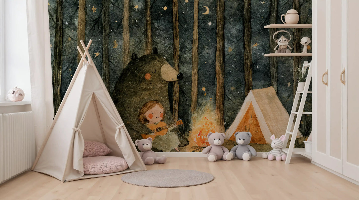 Midnight Forest Campfire Friends Wall Mural