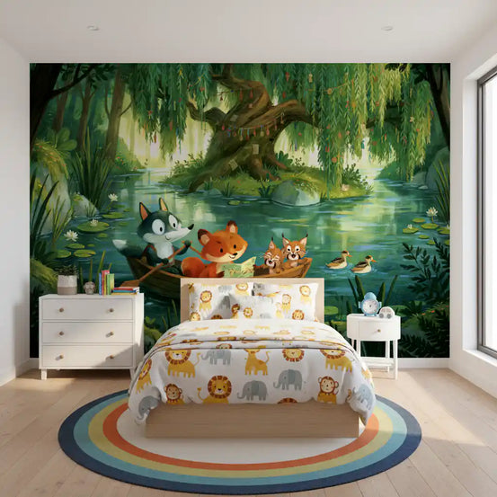 Woodland River Boat Adventure Wall Mural