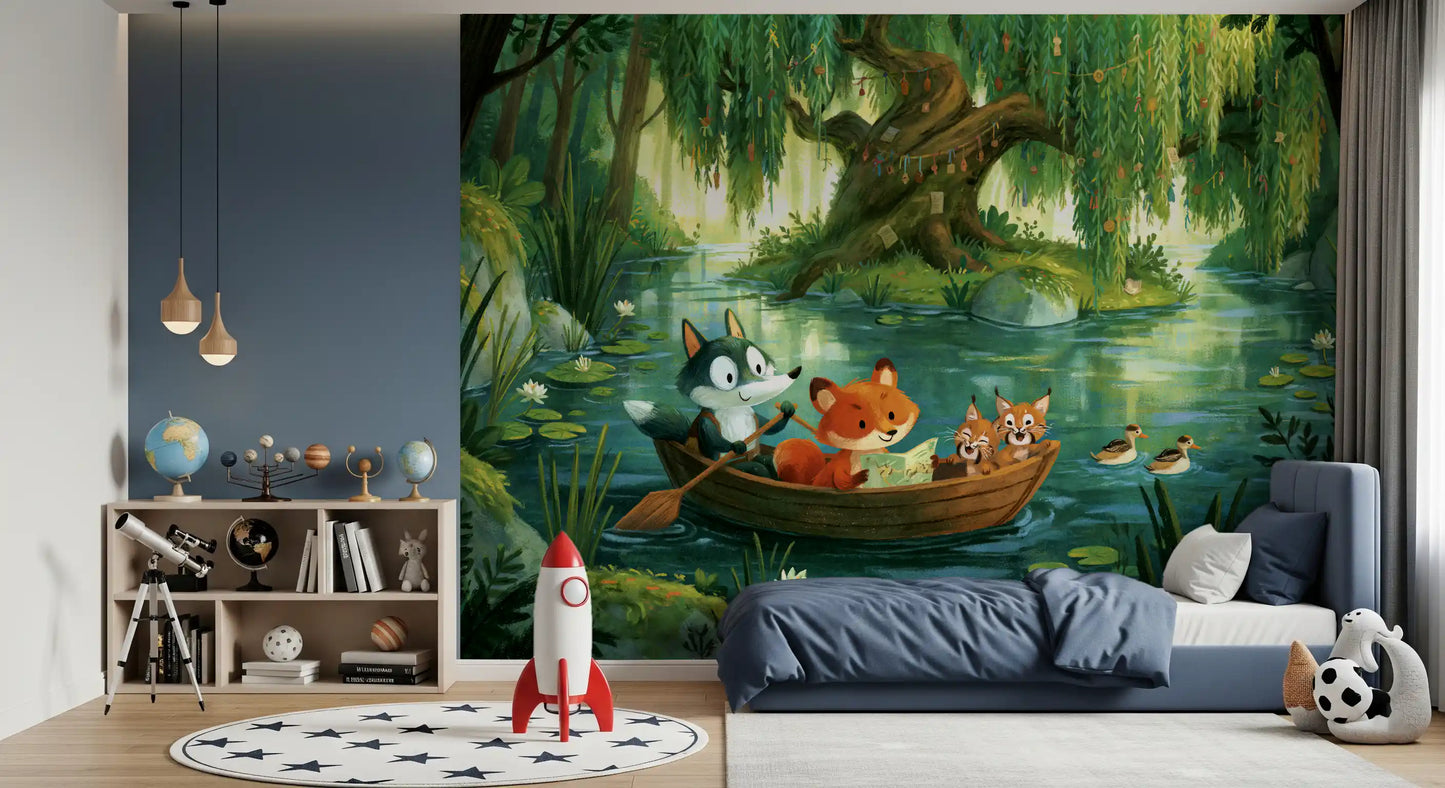 Woodland River Boat Adventure Wall Mural