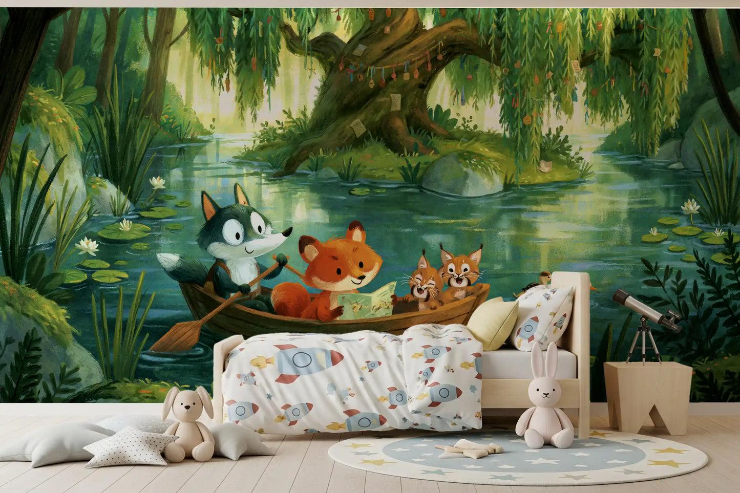 Woodland River Boat Adventure Wall Mural