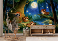 Moonlit Raccoon Forest Picnic Wall Mural