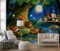 Moonlit Raccoon Forest Picnic Wall Mural