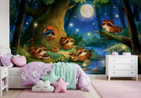 Moonlit Raccoon Forest Picnic Wall Mural