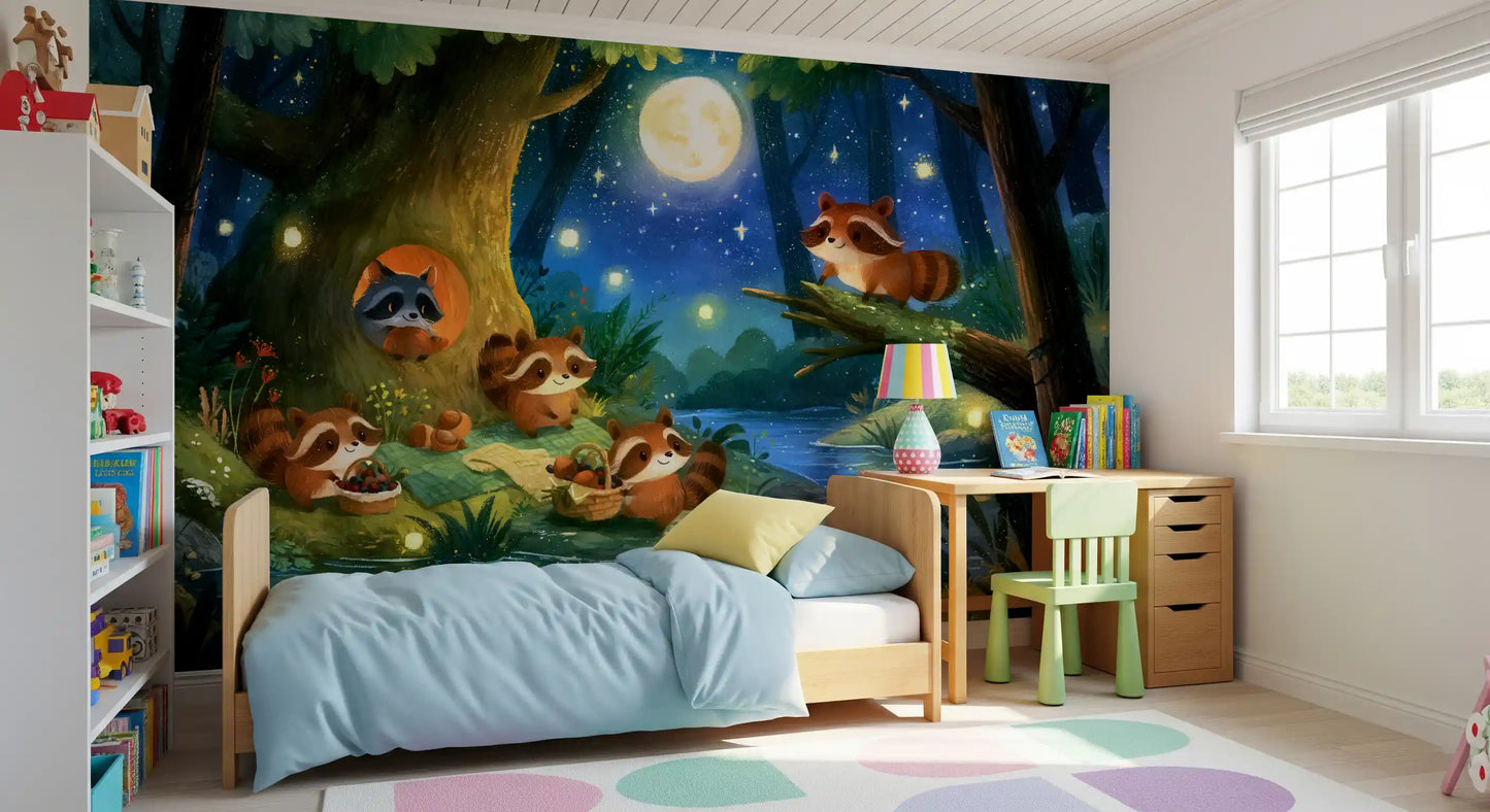 Moonlit Raccoon Forest Picnic Wall Mural