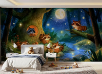 Moonlit Raccoon Forest Picnic Wall Mural