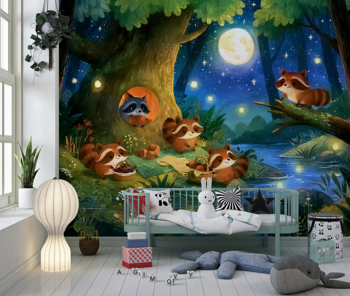 Moonlit Raccoon Forest Picnic Wall Mural