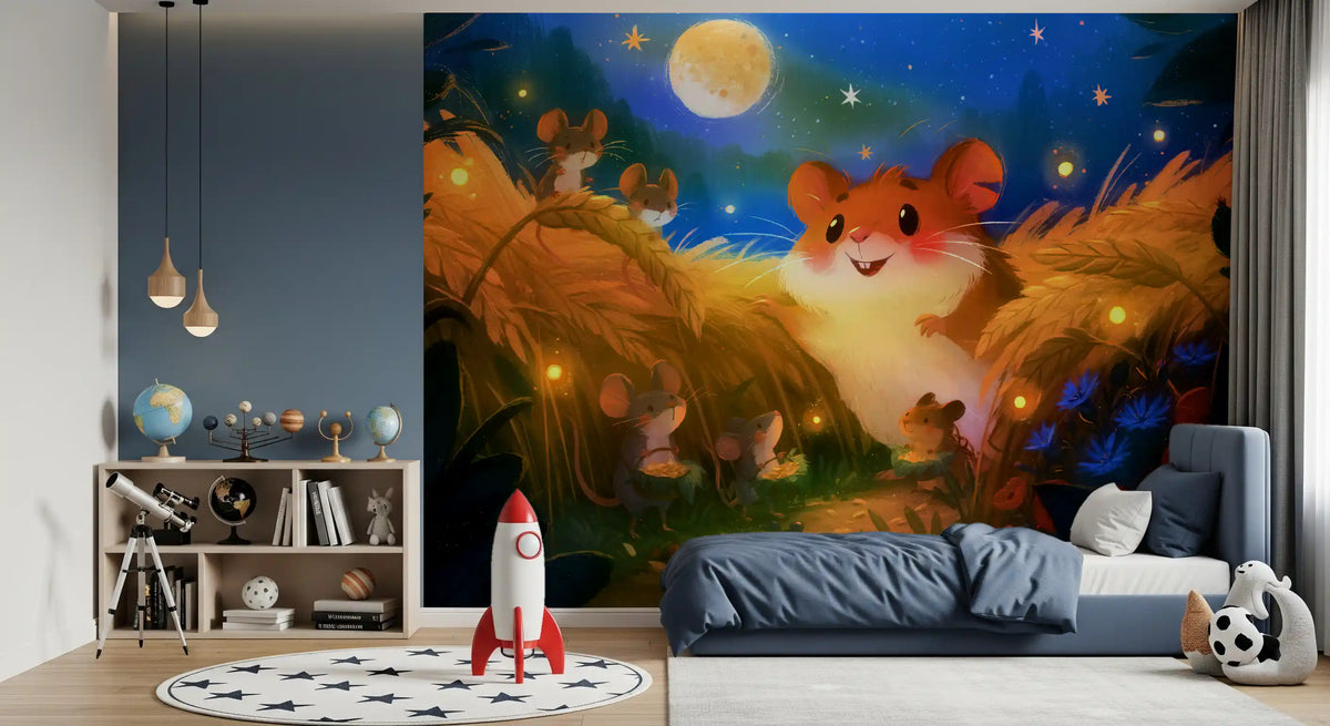 Meadow wallpaper hamster mural in a boys room with a red rocket and blue bed GD13011