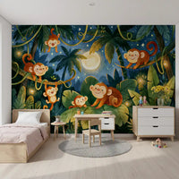 Moonlit Jungle Monkey Friends Wall Mural