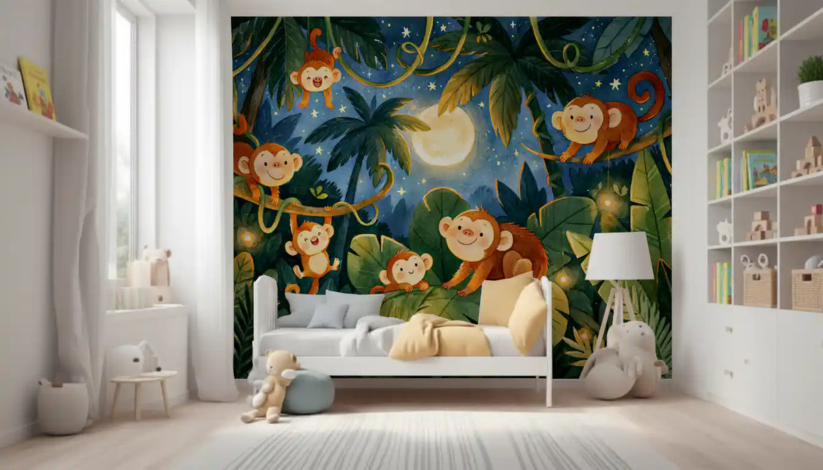 Jungle wallpaper monkey mural in a nursery with a white bed and soft toys GD13012
