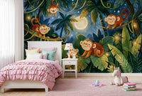 Moonlit Jungle Monkey Friends Wall Mural