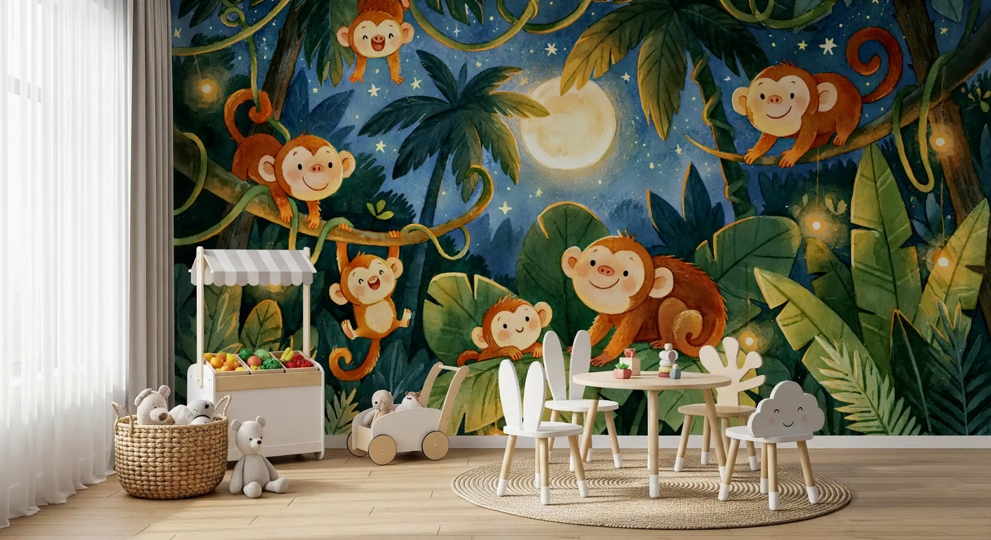 Moonlit Jungle Monkey Friends Wall Mural