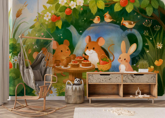 Woodland Mouse Tea Party Illustration Wall Mural