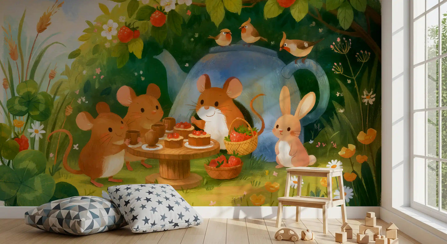 Woodland Mouse Tea Party Illustration Wall Mural