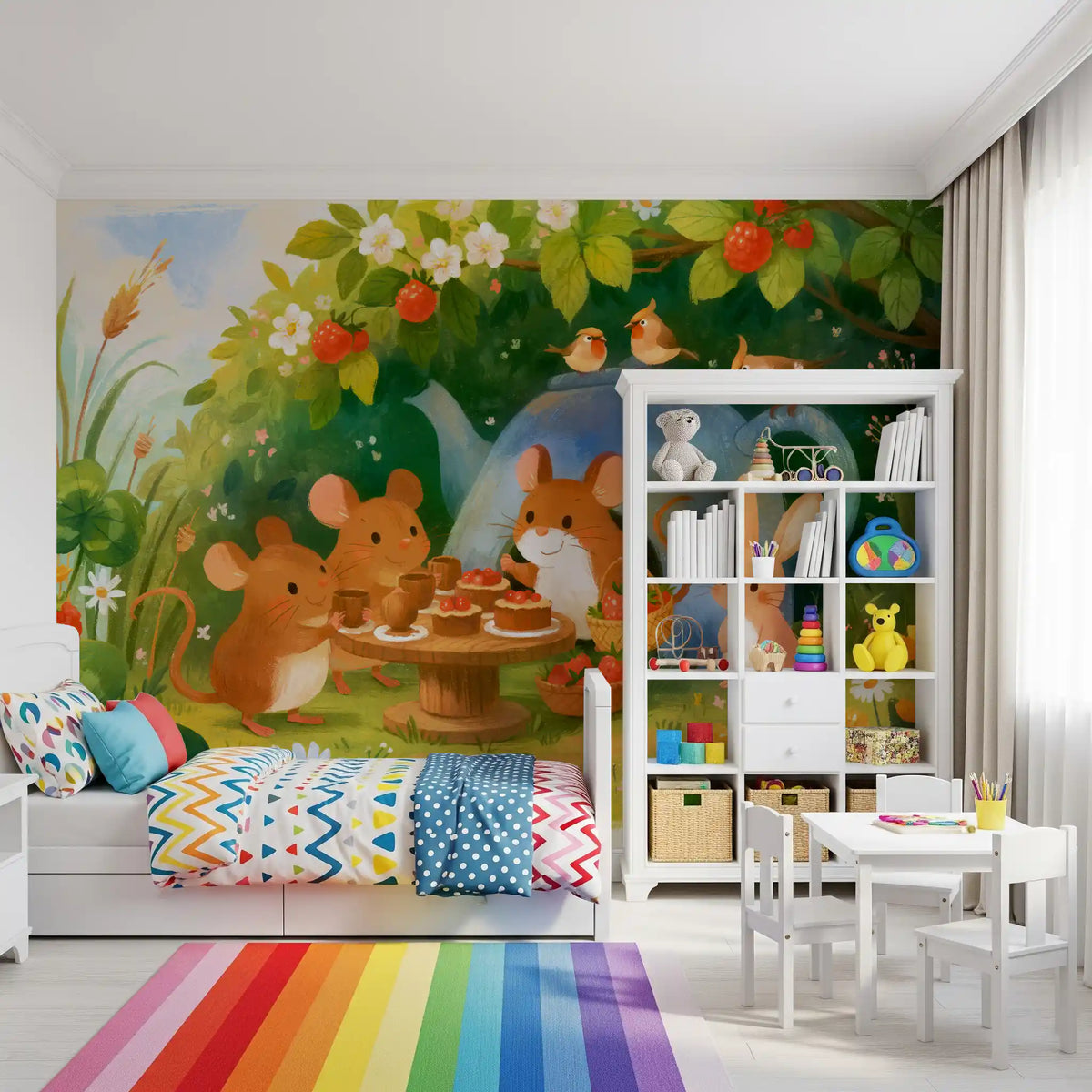 Woodland mouse tea party mural in a kids bedroom with a rainbow rug GD13015
