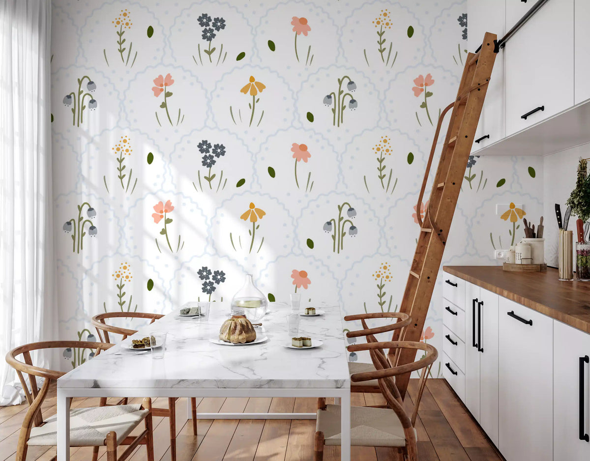 Meadow wildflower wallpaper in a dining nook with a wooden ladder GD13018