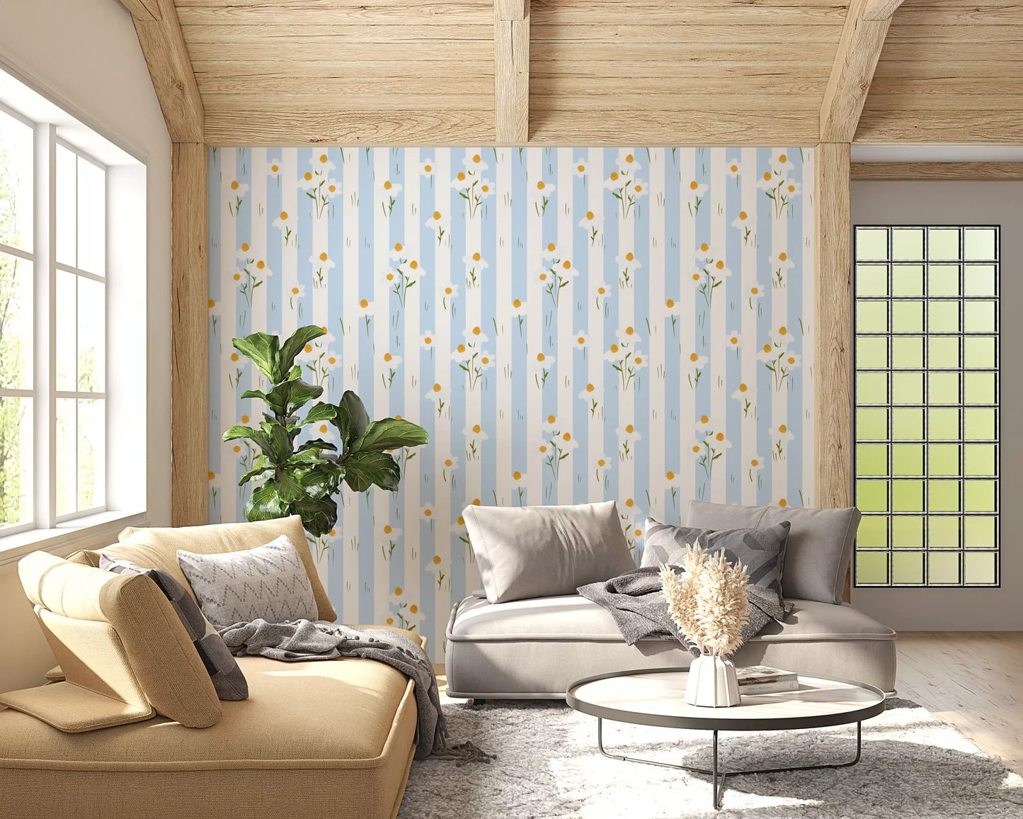 Striped Meadow Daisies Wallpaper⁠
