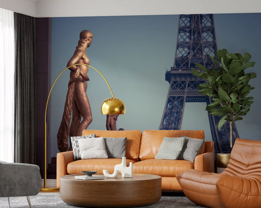 Bronze Sculptures and Eiffel Tower Detail Wall Mural