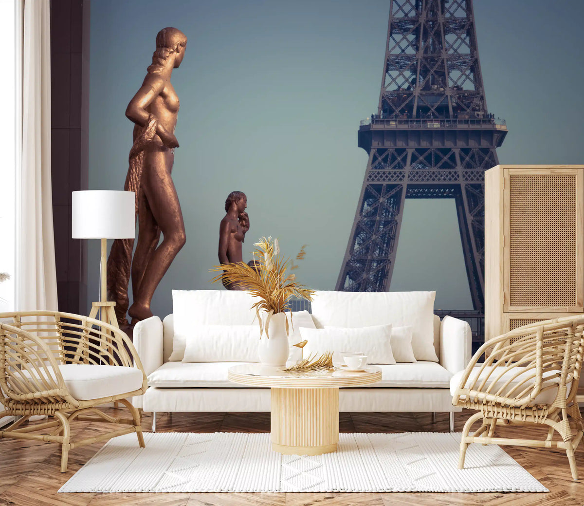 Bronze Sculptures and Eiffel Tower Detail Wall Mural