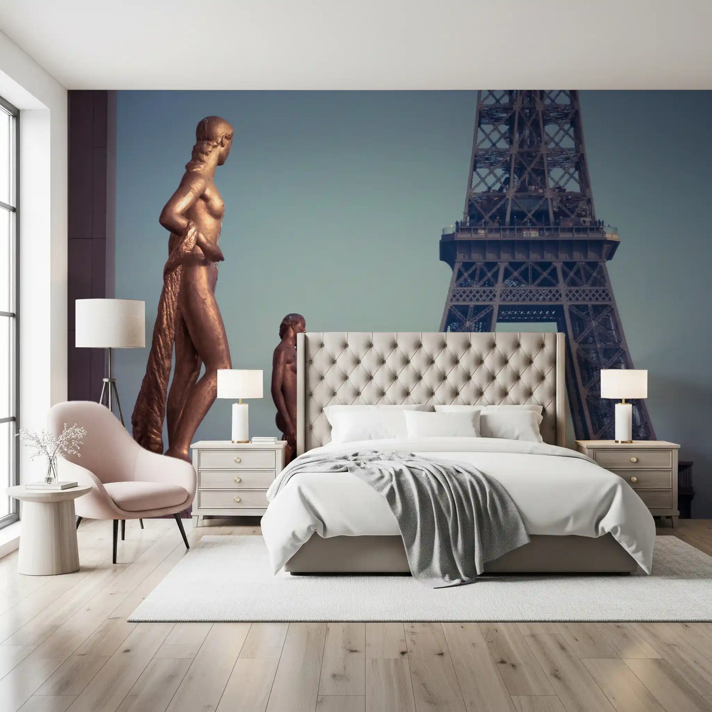 Bronze Sculptures and Eiffel Tower Detail Wall Mural