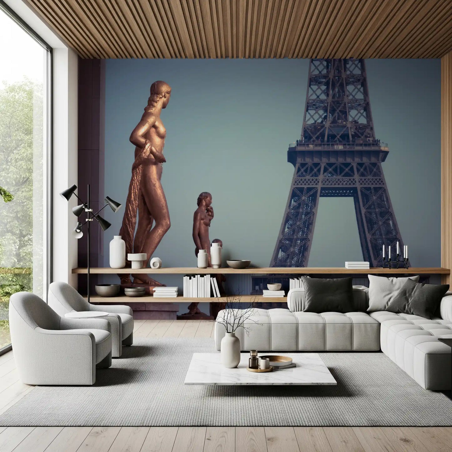 Bronze Sculptures and Eiffel Tower Detail Wall Mural