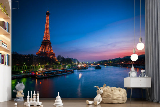 Paris wallpaper of the Eiffel Tower at dusk in a nursery with soft toys GD13030