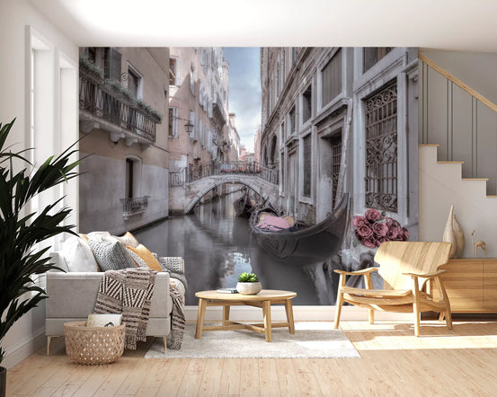 Venice wallpaper in a living room behind a grey sofa and wooden armchair GD13032