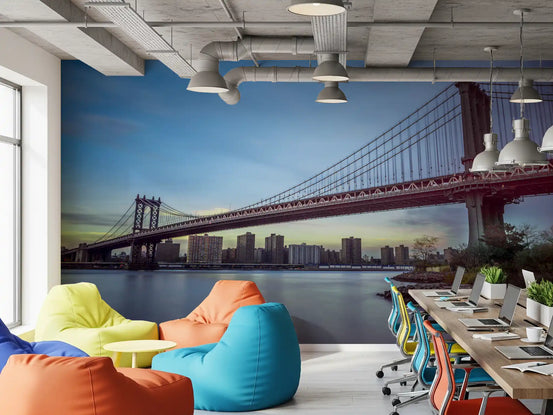 City wallpaper in a bright office breakout area with colorful bean bags GD13033