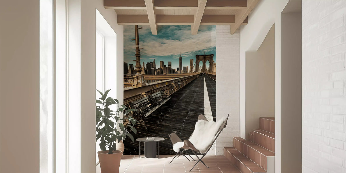 Brooklyn Bridge mural in a hallway beside stairs and a potted plant GD13034