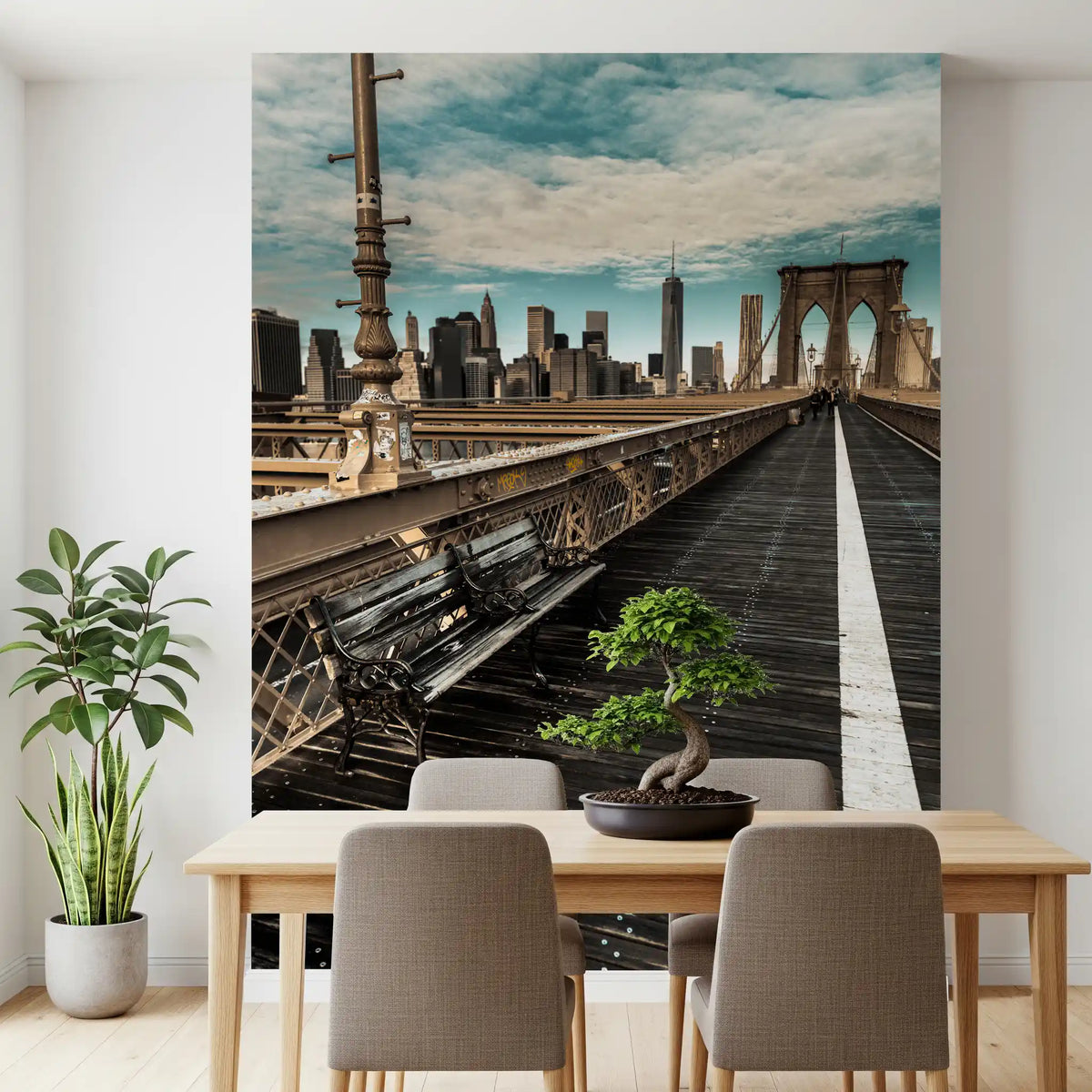 New York wallpaper in a dining room with a bonsai on a wood table GD13034