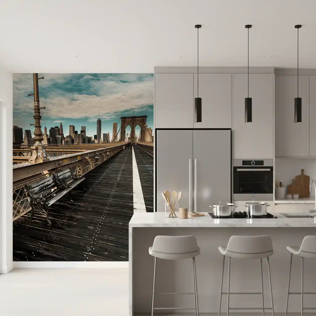 New York wallpaper in a kitchen with an island and bar stools GD13034