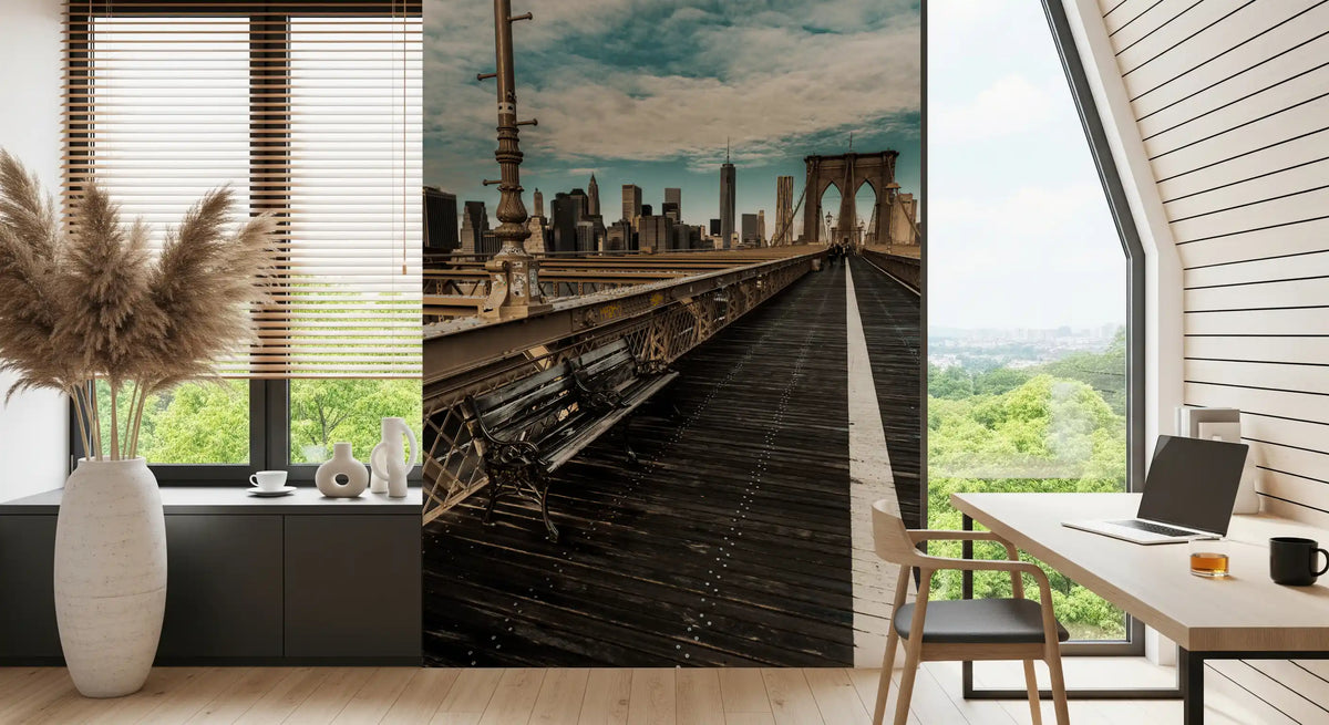 New York wallpaper in a home office with a desk by the window GD13034