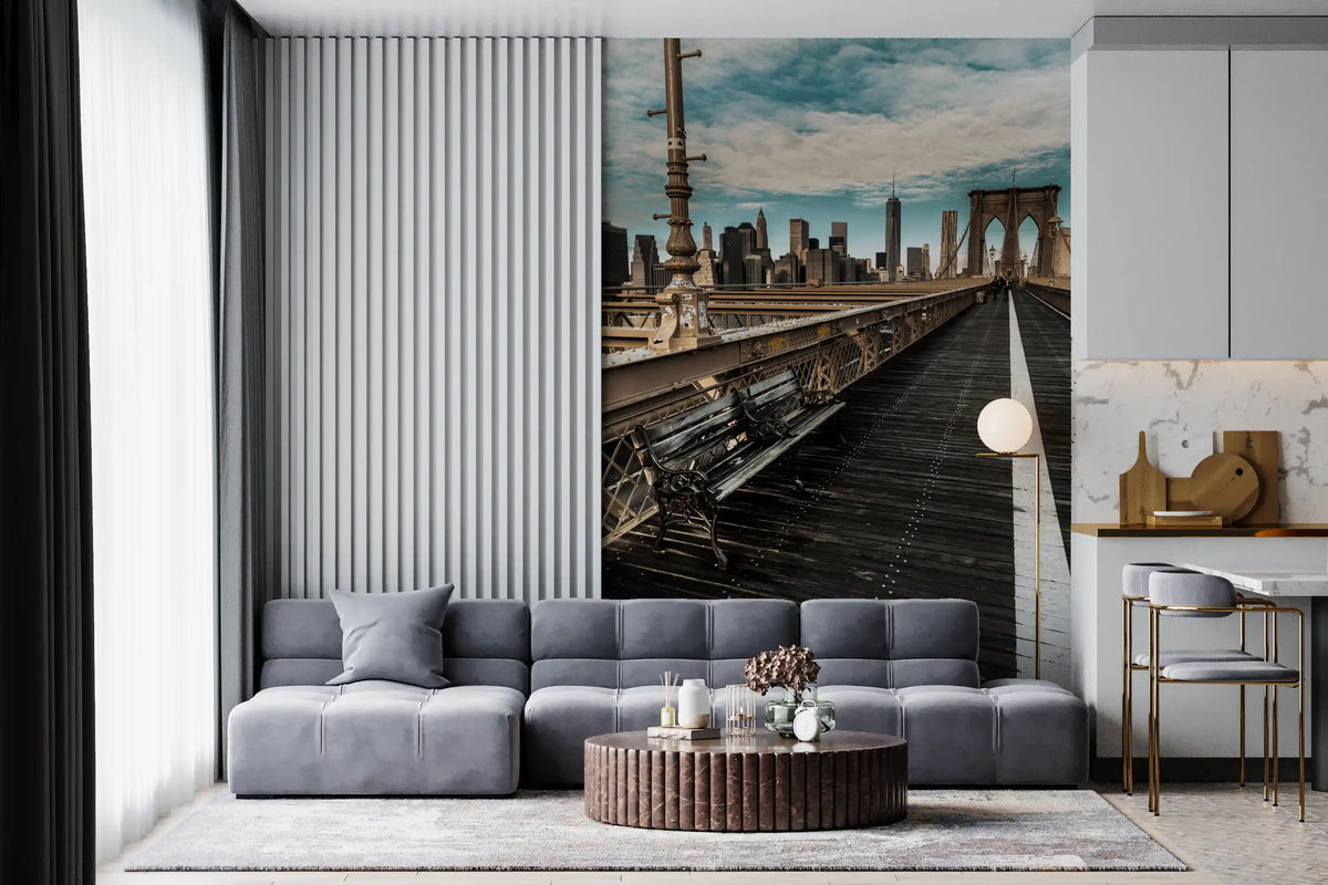 Brooklyn Bridge mural in a living room with a grey sofa GD13034