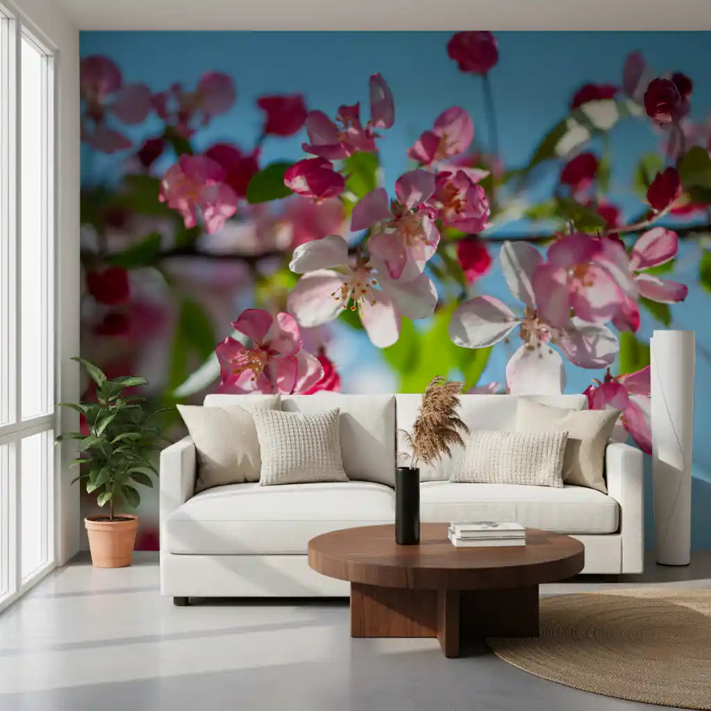 Pink blossom mural in a living room with a white sofa and striped rug GD13035