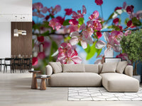Pink blossom mural in a living room with a beige sofa and dining area GD13035