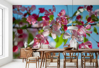 Cherry blossom wallpaper in a dining room with wishbone chairs GD13035