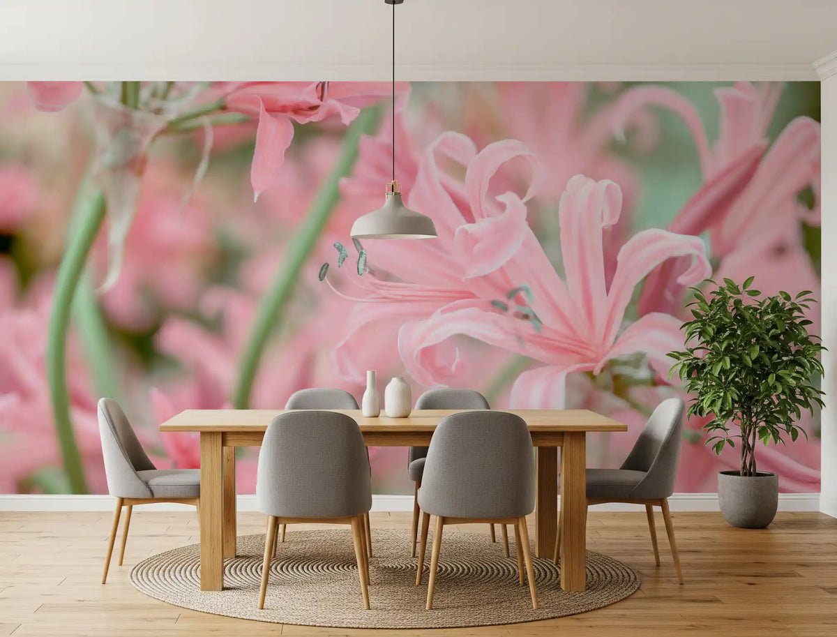 Pink lily floral mural in a dining room with a wood table and plant GD13036