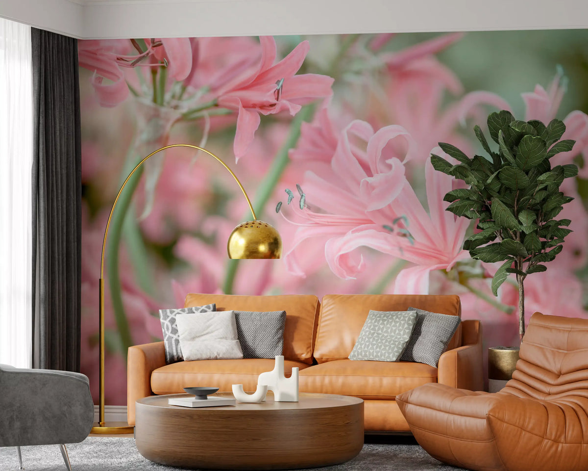 Floral wallpaper in a living room with orange leather chairs and a gold lamp GD13036