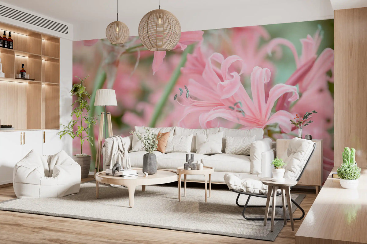 Floral wallpaper in a living room with a white sofa and wood shelves GD13036