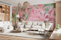 Floral wallpaper in a living room with a white sofa and wood shelves GD13036